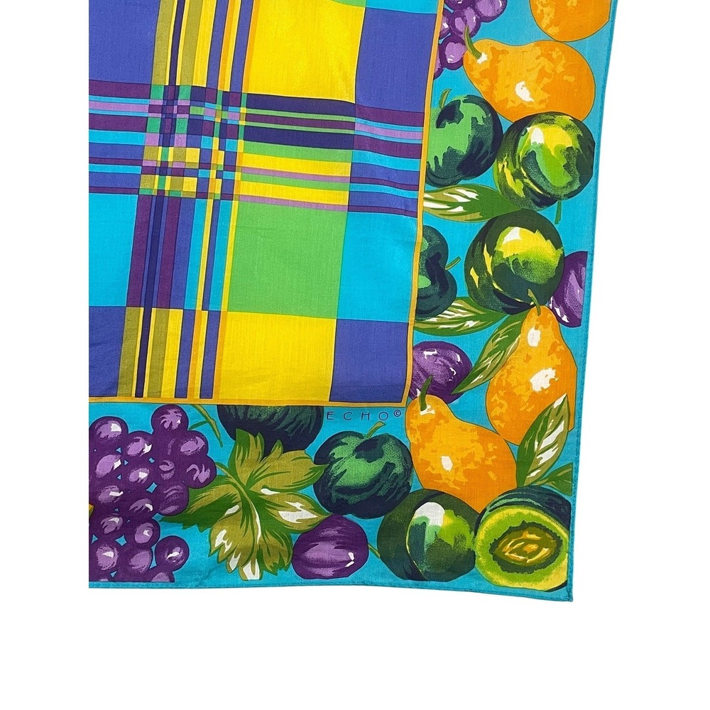 Echo Vintage Silk Blend Square Scarf Plaid Fruit Border Multicolor Made in Japan - Picture 8 of 13